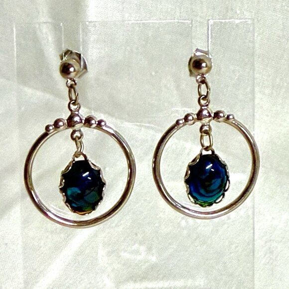 Vintage Silver-Tone Dangle Earrings with Blue Glass Cabochon Drop - Picture 5 of 8